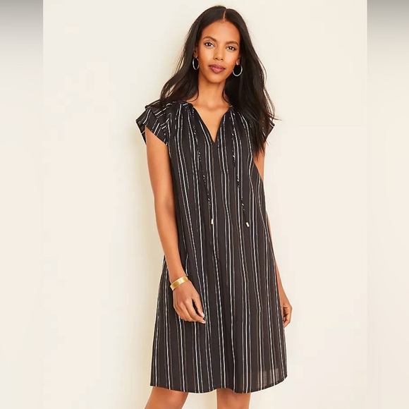 Ann Taylor Black Shift Dress with Metallic Gold and White Stripes Size 10 - Picture 1 of 6
